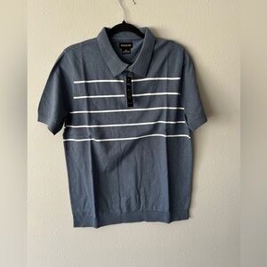Blue and white striped cotton and linen polo
